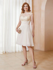 Illusion Neckline Chiffon Knee-Length Lace Dress Champagne