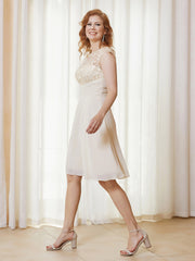 Illusion Neckline Chiffon Knee-Length Lace Dress Champagne