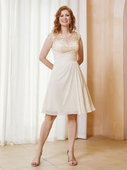 Illusion Neckline Chiffon Knee-Length Lace Dress Champagne