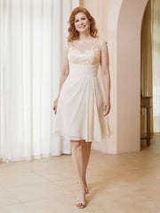 Illusion Neckline Chiffon Knee-Length Lace Dress Champagne