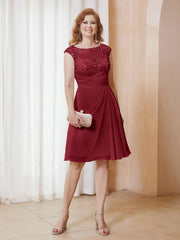 Illusion Neckline Chiffon Knee-Length Lace Dress Burgundy