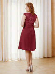 Illusion Neckline Chiffon Knee-Length Lace Dress Burgundy