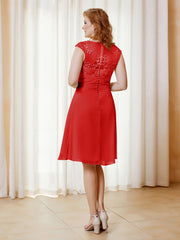 Illusion Neckline Chiffon Knee-Length Lace Dress Red Plus Size