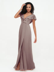 Deep-V Neck Chiffon Dresses with Slit Pockets Dusk