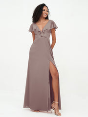 Deep-V Neck Chiffon Dresses with Slit Pockets Dusk
