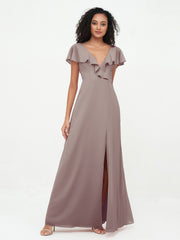 Deep-V Neck Chiffon Dresses with Slit Pockets Dusk