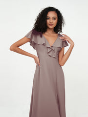 Deep-V Neck Chiffon Dresses with Slit Pockets Dusk
