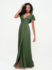 Deep-V Neck Chiffon Dresses with Slit Pockets Olive Green