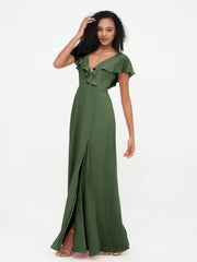 Deep-V Neck Chiffon Dresses with Slit Pockets Olive Green