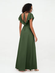 Deep-V Neck Chiffon Dresses with Slit Pockets Olive Green