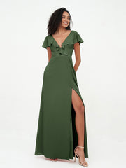 Deep-V Neck Chiffon Dresses with Slit Pockets Olive Green