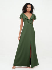 Deep-V Neck Chiffon Dresses with Slit Pockets Olive Green