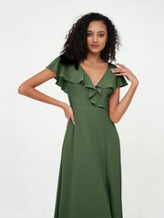Deep-V Neck Chiffon Dresses with Slit Pockets Olive Green