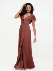 Deep-V Neck Chiffon Dresses with Slit Pockets Terracotta