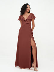 Deep-V Neck Chiffon Dresses with Slit Pockets Terracotta