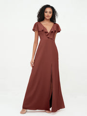Deep-V Neck Chiffon Dresses with Slit Pockets Terracotta