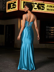 Sweetheart Floor-Length Satin Prom Dresses Ink Blue