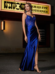 Sweetheart Floor-Length Satin Prom Dresses Royal Blue