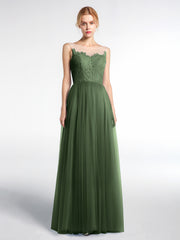 Illusion Neckline Lace and Tulle Long Dress Olive Green
