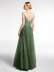 Illusion Neckline Lace and Tulle Long Dress Olive Green