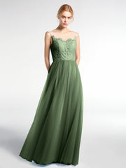 Illusion Neckline Lace and Tulle Long Dress Olive Green