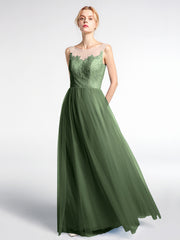 Illusion Neckline Lace and Tulle Long Dress Olive Green