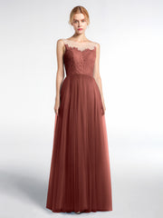 Illusion Neckline Lace and Tulle Long Dress Terracotta