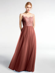 Illusion Neckline Lace and Tulle Long Dress Terracotta