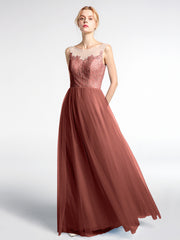 Illusion Neckline Lace and Tulle Long Dress Terracotta