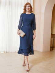 Tea-Length Chiffon Dress With Jacket Dark Navy