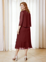 Tea-Length Chiffon Dress With Jacket Burgundy