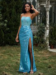 Sequins Rhinestones Sheath Dress With Slit Jade Plus Size