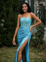 Sequins Rhinestones Sheath Dress With Slit Jade Plus Size