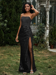 Sequins Rhinestones Sheath Dress With Slit Black