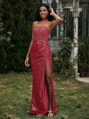 Sequins Rhinestones Sheath Dress With Slit Burgundy