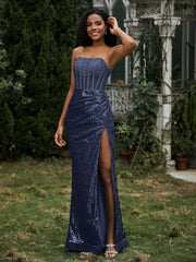 Sequins Rhinestones Sheath Dress With Slit Dark Navy