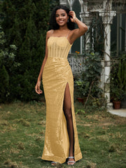 Sequins Rhinestones Sheath Dress With Slit Gold Plus Size