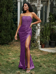 Sequins Rhinestones Sheath Dress With Slit Grape Plus Size