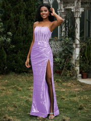 Sequins Rhinestones Sheath Dress With Slit Lilac