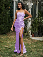 Sequins Rhinestones Sheath Dress With Slit Lilac Plus Size