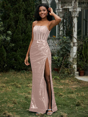 Sequins Rhinestones Sheath Dress With Slit Metallic Gold