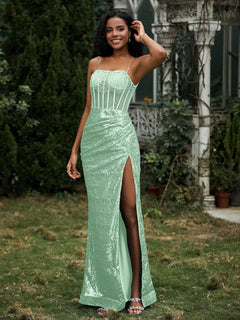 Sequins Rhinestones Sheath Dress With Slit Mint Green