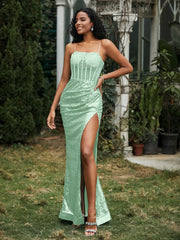 Sequins Rhinestones Sheath Dress With Slit Mint Green