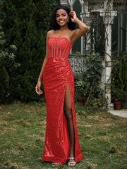 Sequins Rhinestones Sheath Dress With Slit Red