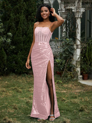 Sequins Rhinestones Sheath Dress With Slit Rose Gold Plus Size