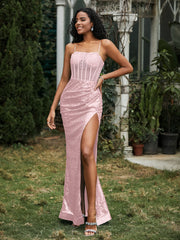 Sequins Rhinestones Sheath Dress With Slit Rose Gold Plus Size
