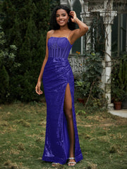 Sequins Rhinestones Sheath Dress With Slit Royal Blue