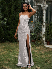 Sequins Rhinestones Sheath Dress With Slit Silver Plus Size