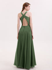 Open Back Chiffon and Lace Sexy Gowns Olive Green