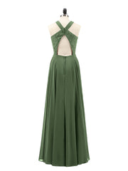 Open Back Chiffon and Lace Sexy Gowns Olive Green